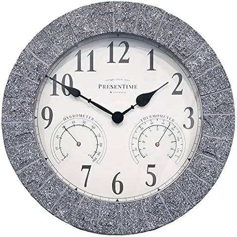 Presentime & Co Sandstone Outdoor Clock with Thermometer & Hygrometer as All in one Weather Station, 14", Gray Sandstone Finish. Weather Thermometer, Outdoor Décor, Wall Décor. Cover