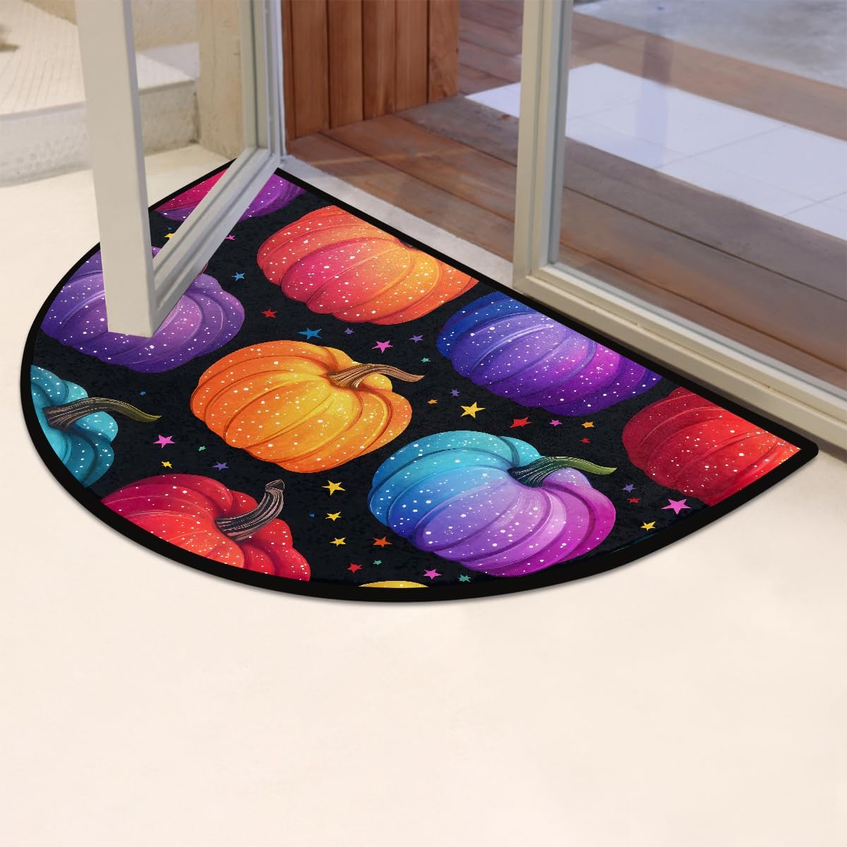 Halloween Colorful Starry Sky Pumpkin Half Round Door Mat Non Slip Washable Semi Circle Area Rug Absorbent Soft Half Moon Rug Floor Mat for Indoor Outdoor Kitchen Bathroom Patio Front Door Mat Decor