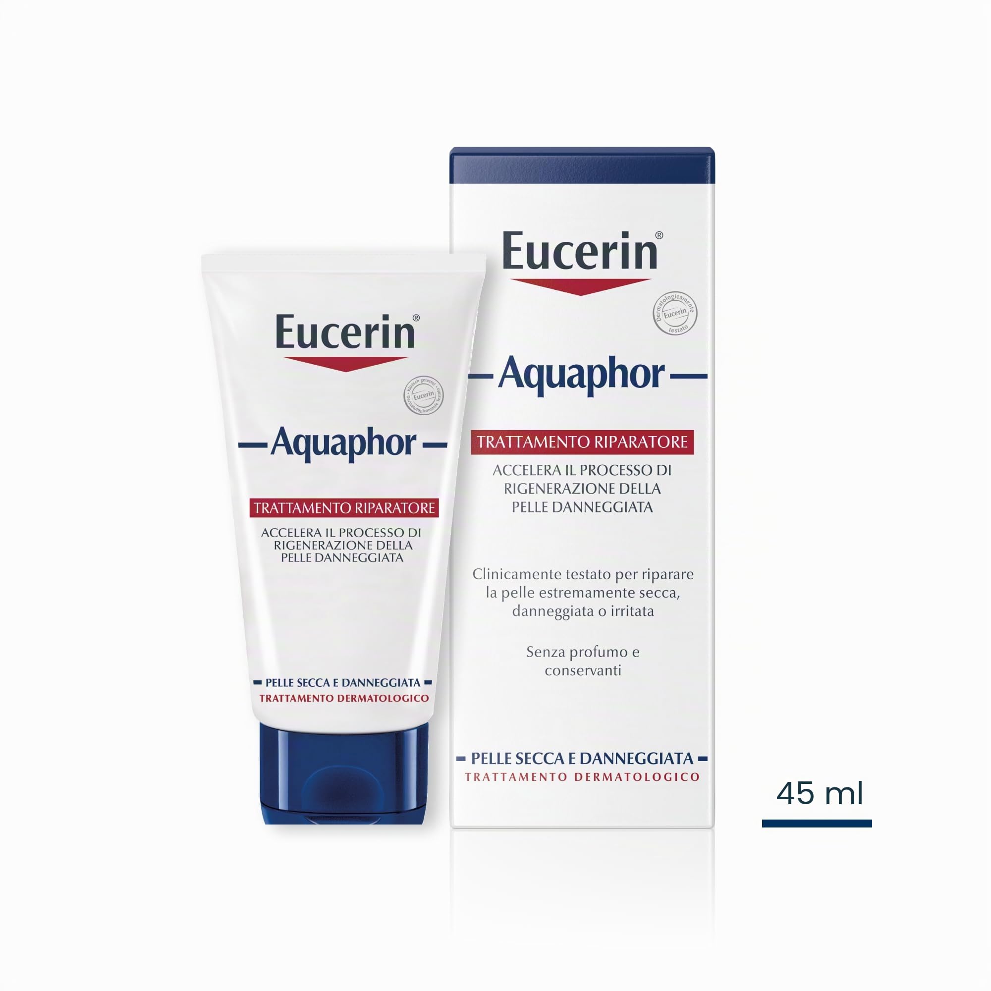 Eucerin Aquaphor Trattamento Riparatore 45 ml, Crema idratante corpo e viso per favorire il processo di guarigione,, Crema corpo idratante pelle secca e screpolata senza profumo