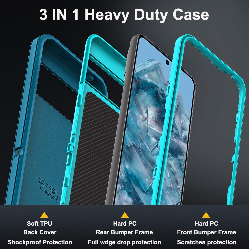 Funda para Google Pixel 8 Pro con 2 protectores de pantalla de vidrio templado y 1 protector de lente de cámara, grado militar 3 en 1, resistente, a prueba de golpes, caídas y polvo