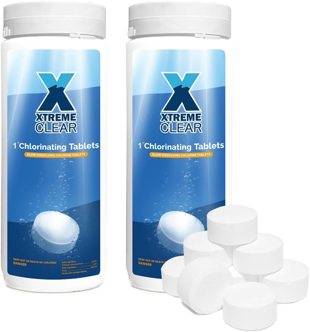 XtremeClear Value Pack 2 Pack 1" Chlorine Tabs, Long-Lasting Stabilized, Swimming Pool, Hot Tubs & Spa, Small Pool Sanitizer - Slow Dissolving Tablet, 3Lbs (1.5Lbs Each Bottle)