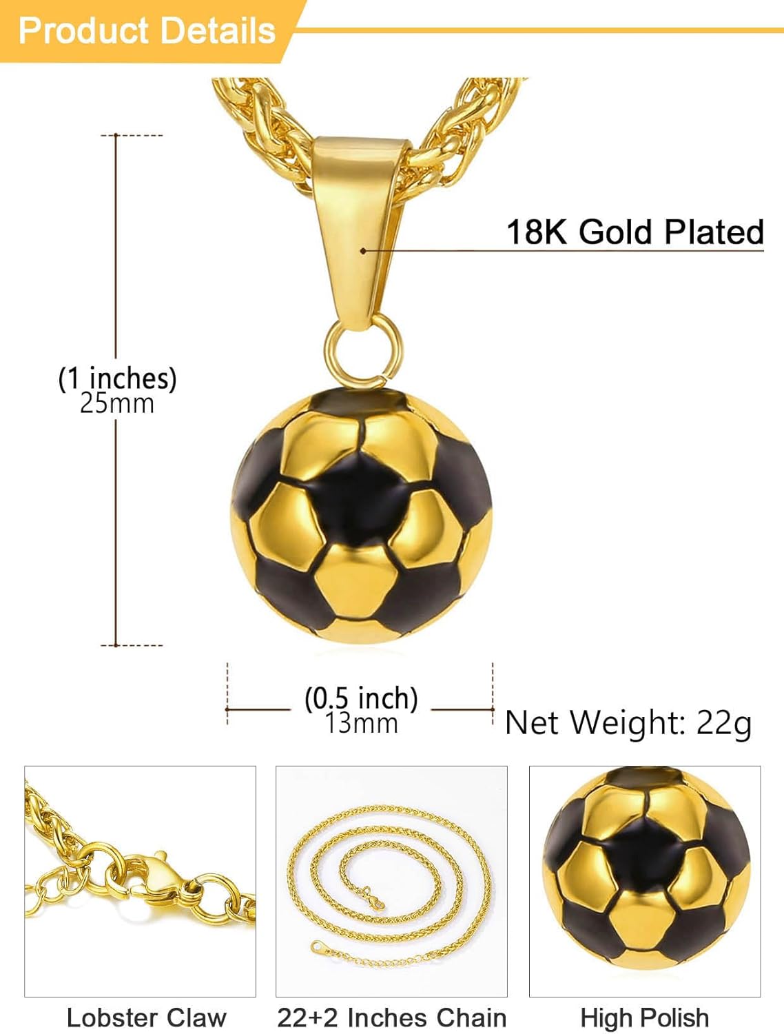 U7 Soccer Necklace for Men Football Baseball Basketball Stainless Steel Chain in Gold Silver Black Color, Shoes Pendant Necklaces for Gym Sport Players Hip Hop Jewelry, 22 Inch - Image 4