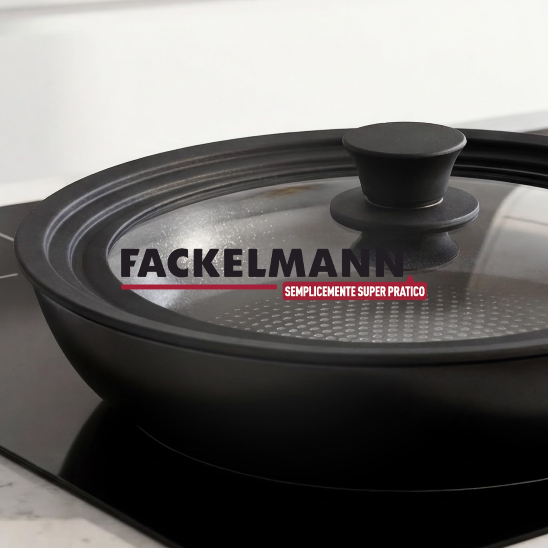 Fackelmann Coperchio Universale in Vetro Ø24–26–28 cm con Bordo in Silicone, Valvola Vapore e Pomello ergonomico Soft Touch – Coperchio per Pentole e Padelle