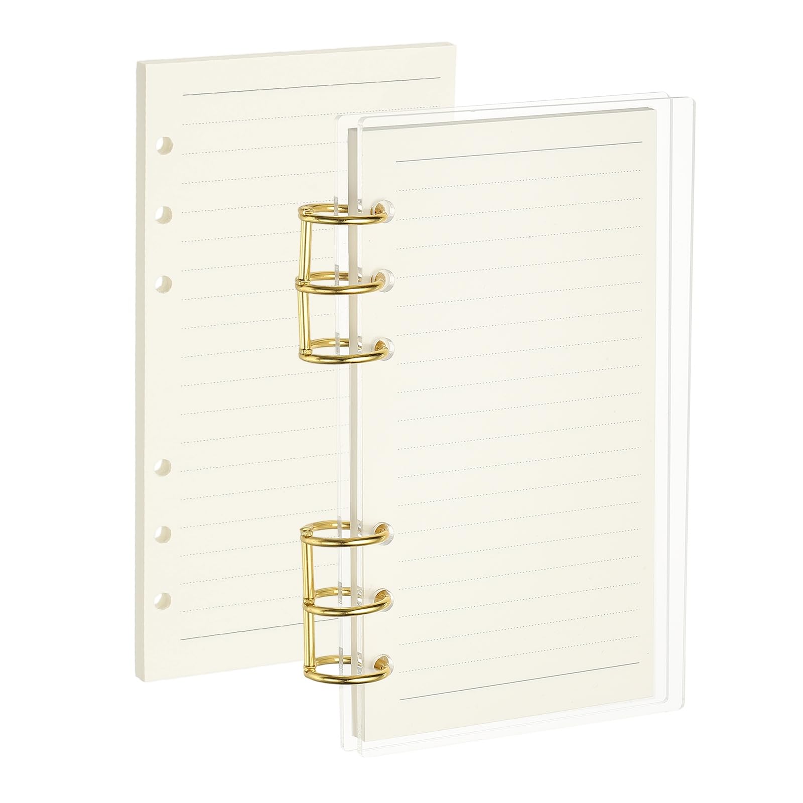 PATIKIL 6 Ring Binder Notebook Cover, A6 Acrylic Binder Notebook 2 Gold Metal Round Rings with 90 Sheets Lined Inner Papers for Travel Office Planner Budget, Clear
