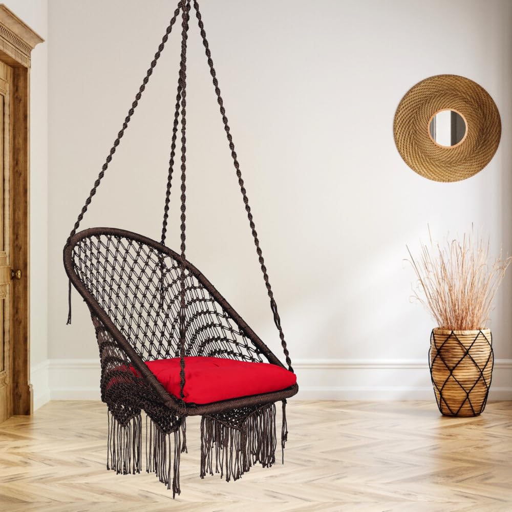 Patiofy Super Comfy Premium Swing Chair/Swing for Balcony/Swing Chair for Adults for Home/Hammock Swing for Adults/Jhoola Jhula for Adults with Red Square Cushion & Hanging Kit- Brown