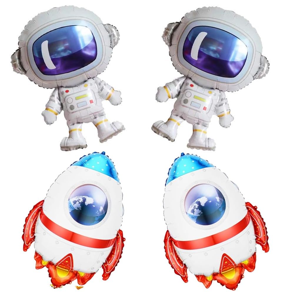 Pop The Party 4D Outer Space Balloons Astronaut Balloons Rocket Balloons for Kids Planet Themed Party, Baby Shower Birthday Party, Astronaut Rocket Foil Balloons for Birthday Decorations Pack of 4.