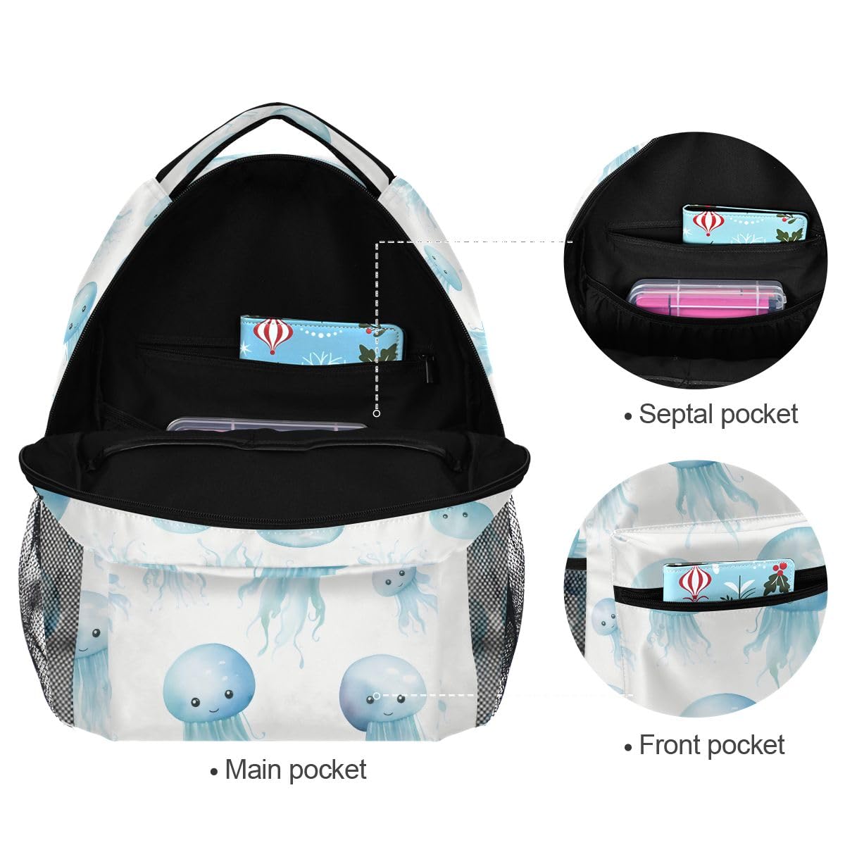Sac à dos d'école avec méduses bleu océan avec grande capacité léger et durable pour étudiant, multicolore, S