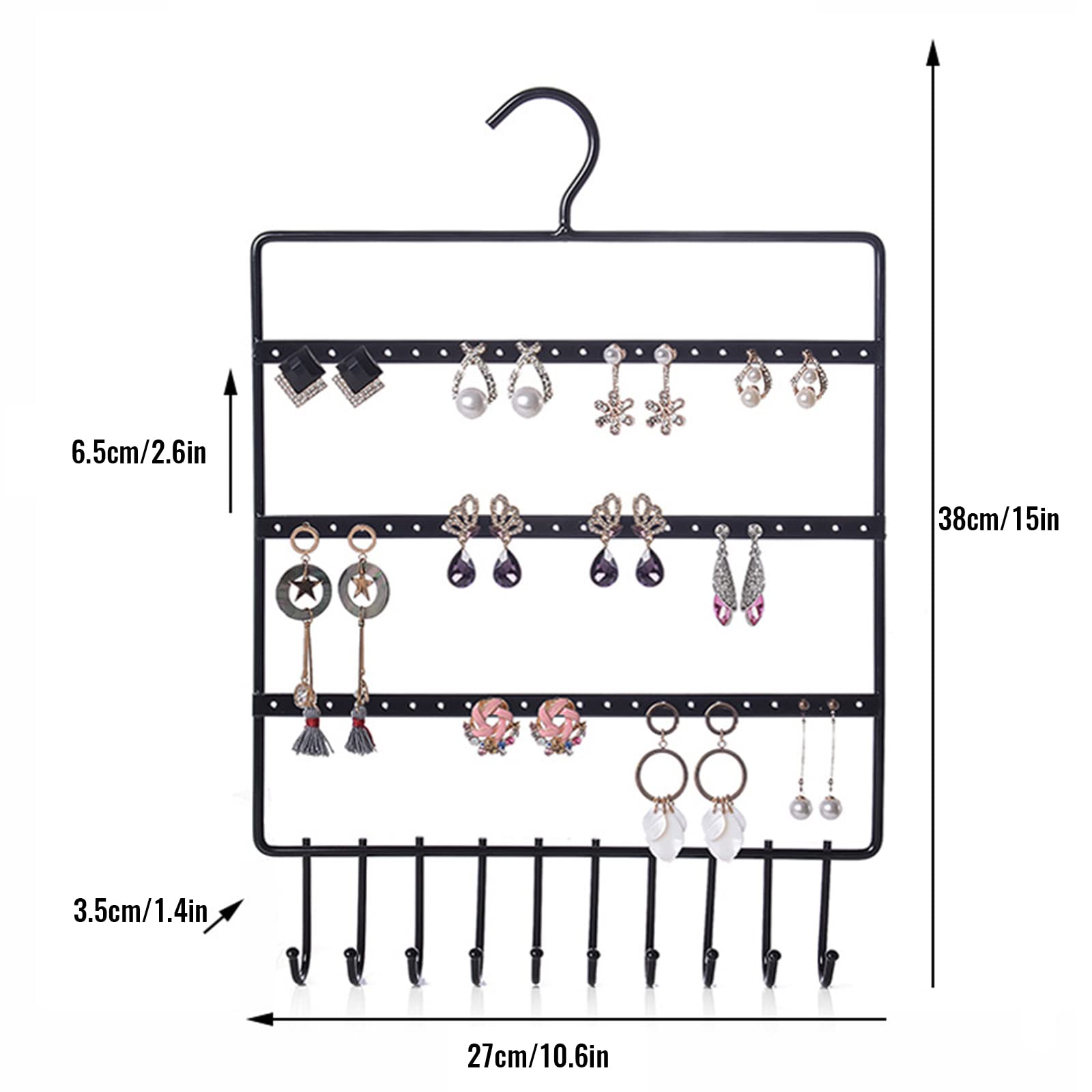 Wand Schmuckregal Aufhängen von Ohrringen, Eisen geschmiedet, mit 10 Haken, Schmuck Organizer zur Präsentation von Armbändern, Halsketten, Ringen, Wand und Tür Hänge Organizer, schwarz weißer