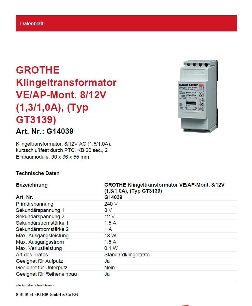 Grothe Transformador de Timbre 8/12 V AC, 1,3/1 A, GT 3139, 1512011