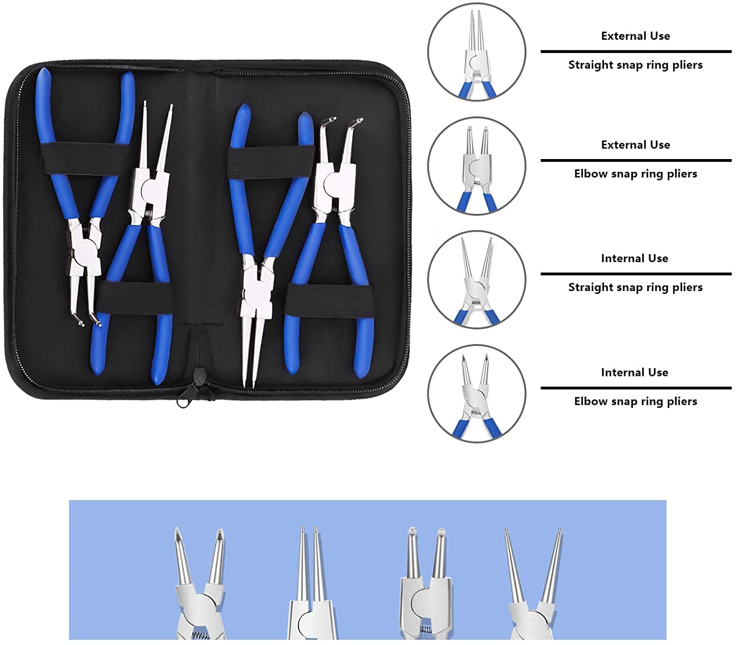 Wakects Alicates para Anillos de Seguridad, Pinzas Interior, 7 Pulgadas, 4 Unidades, para Anillos Elásticos Curvos y Rectos