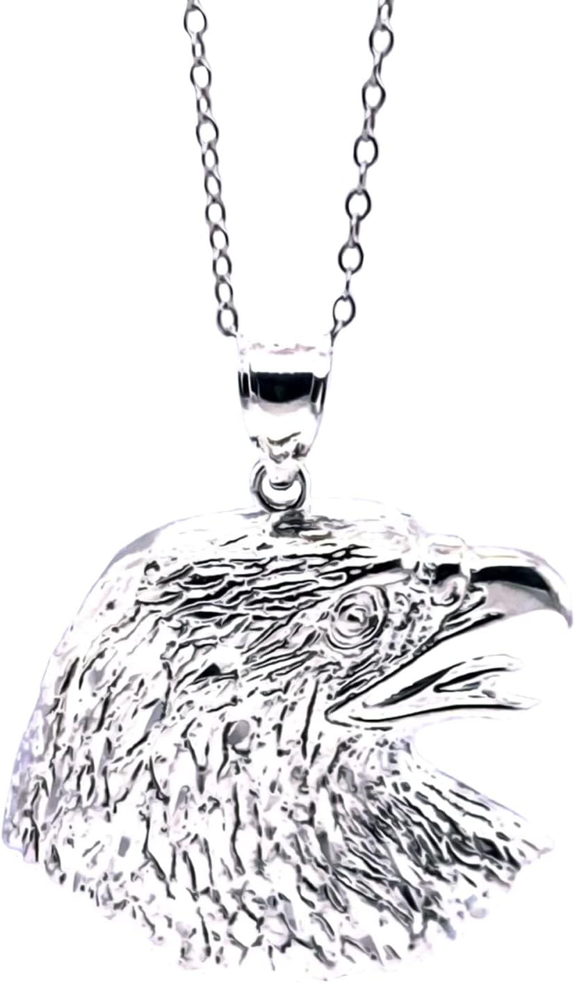 Charm America - Silver Bald Eagle Head Pendant Necklace - 925 Sterling Silver - Animal Pendant - Silver Adjustable Necklace 16” - 18”