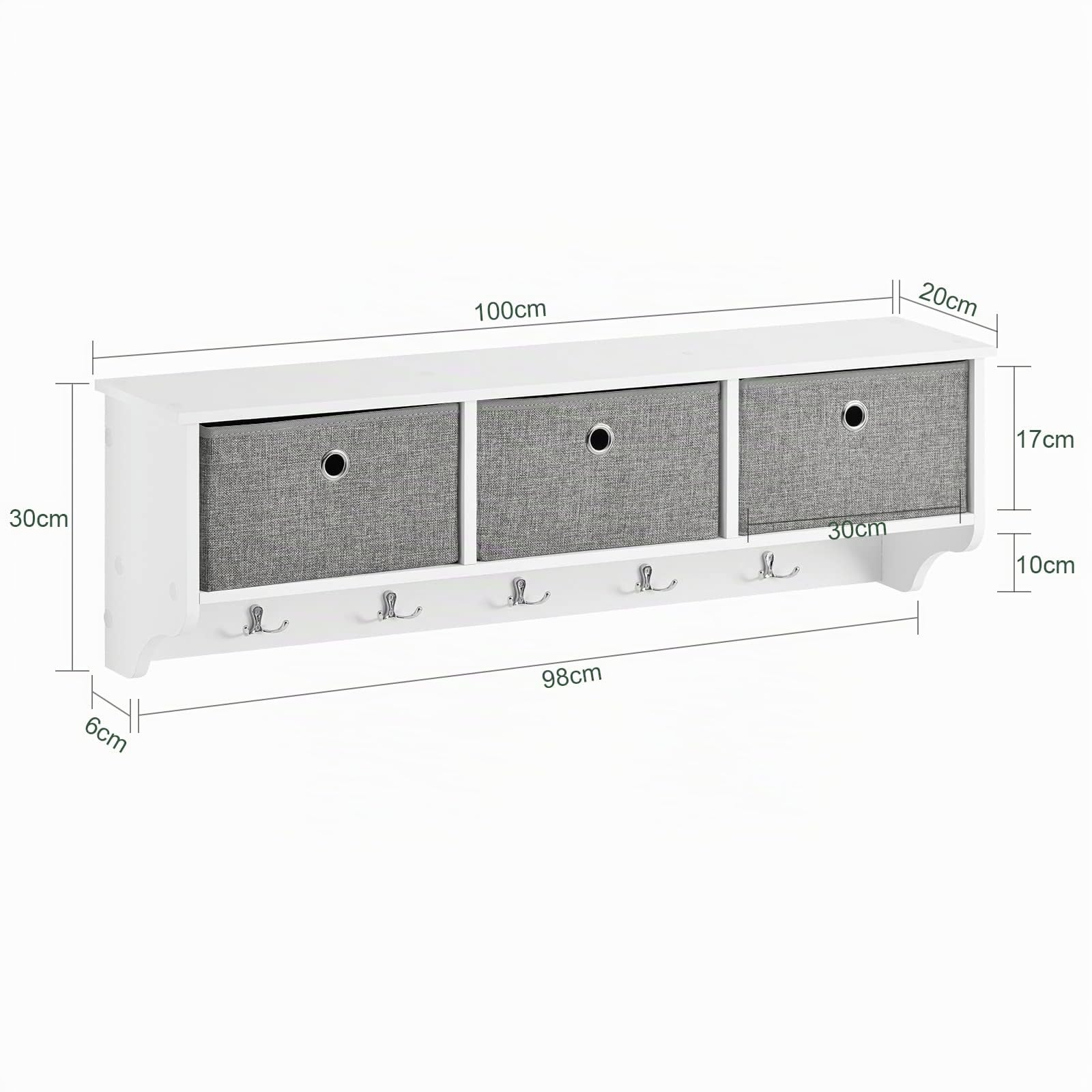 SoBuy Appendiabiti da Parete Portachiavi da Muro Ingresso Appendini da Muro con 5 Ganci Appendiabiti e 3 Cestini in Tessuto Pieghevole, Mobile Ingresso Appendiabiti Bianco, 100x20x31cm, FRG282-W