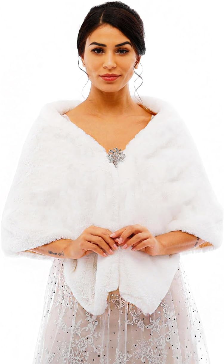Women's Faux Fur Shawl Weddings Fur Stole Bride Winter Faux Wrap for Bridal