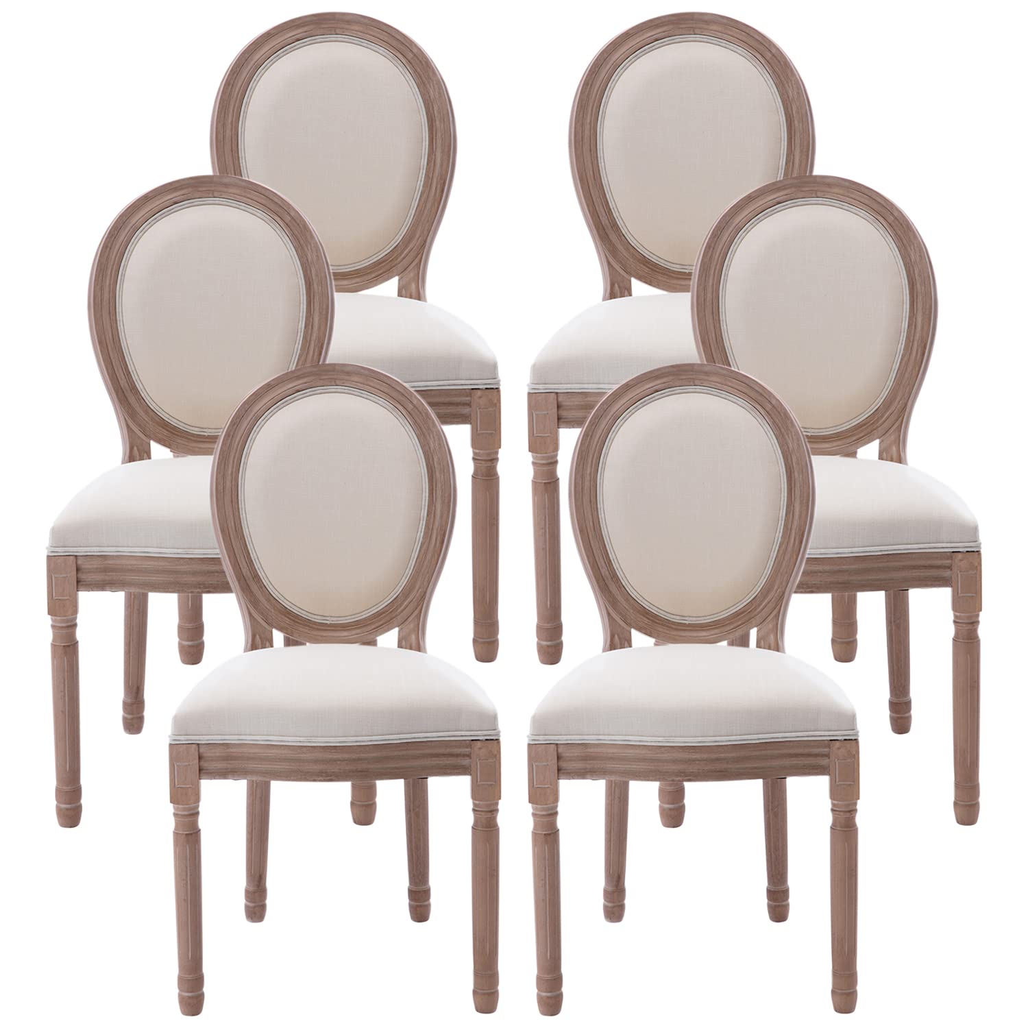 Nrizc French Dining Chairs Set of 6, French Country Dining Chair, Vintage Farmhouse Dining Chairs with Round Back, Solid Wood Beige Fabric Dining Room Chairs, for Kitchen, Bedroom, Dining Room
