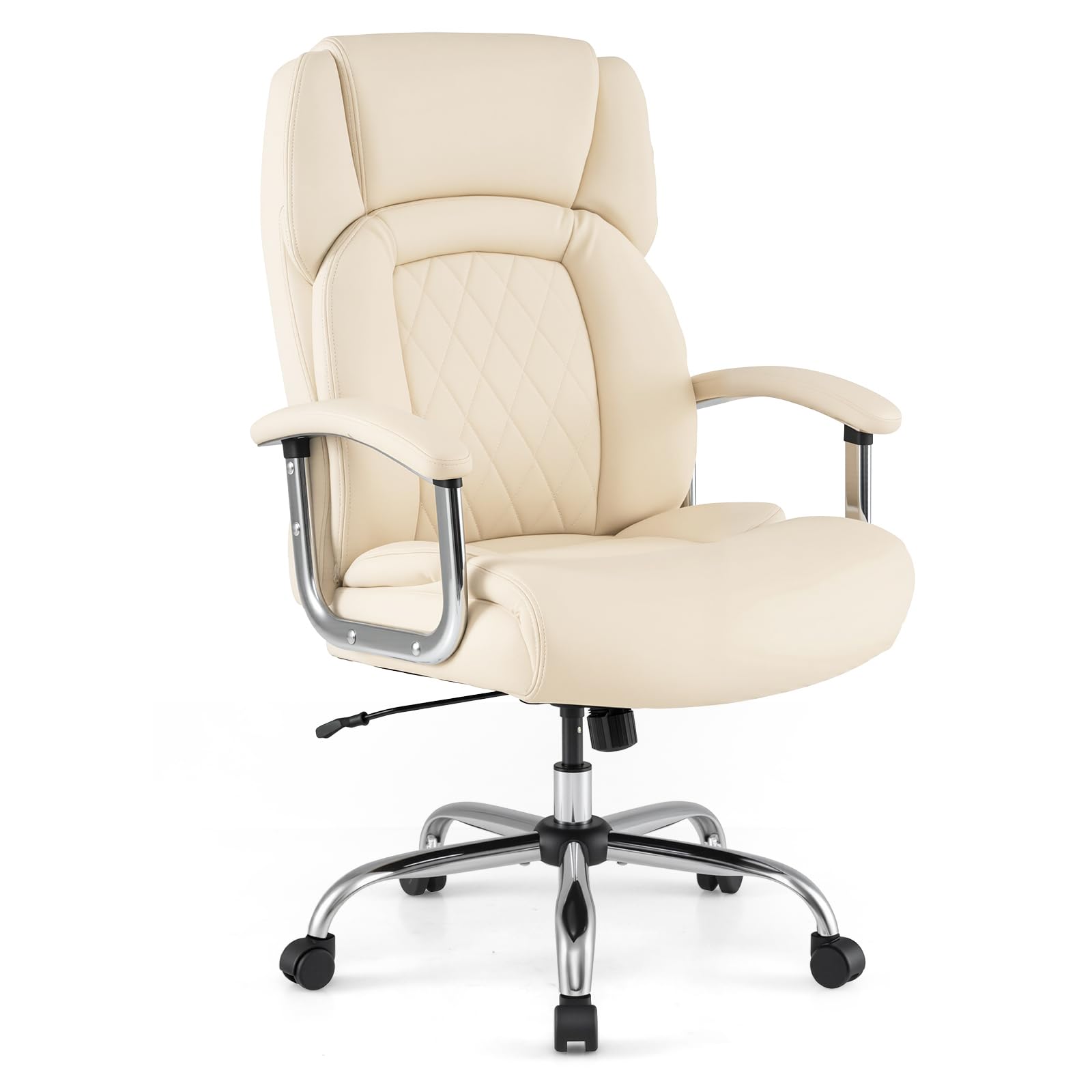 COSTWAY 300/330/400/500LBS Big & Tall Executive Office Chair, Height Adjustable Leather Computer Desk Chair with Rocking Backrest & Arms, Home Office Ergonomic Swivel Task Chair (500LBS, Beige)