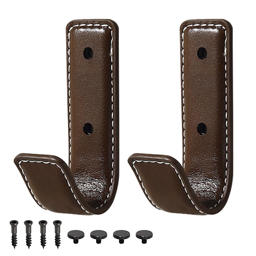 MiOYOOW Coat Hook Wall Mount, 2PCS Leather Cloth Hanger Hooks Premium Vintage Coat Racks for Robe Towel Hat Tie Bag Scarf