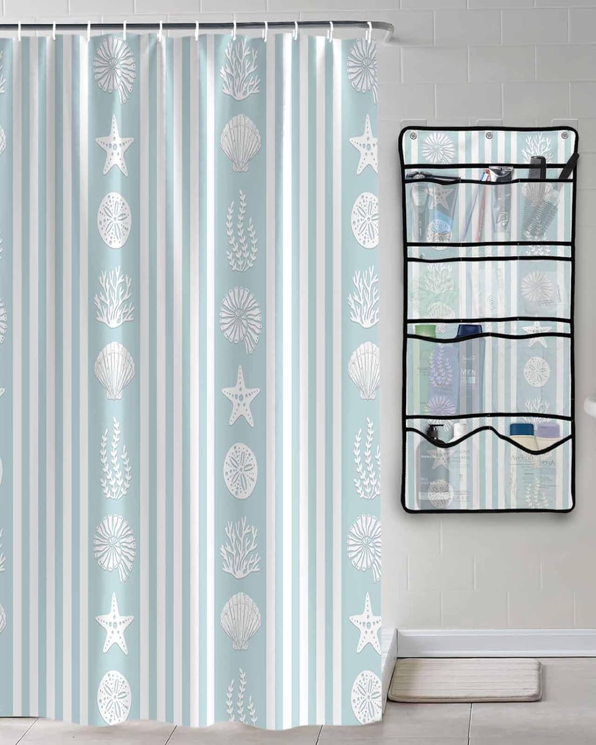 Decorative Shower Curtain Sets Ocean Blue Polyester Fabric Waterproof Shower Curtains Striped Coral Shells Starfish Light Blue Mesh