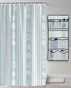 Decorative Shower Curtain Sets Ocean Blue Polyester Fabric Waterproof Shower Curtains Striped Coral Shells Starfish Light Blue Mesh
