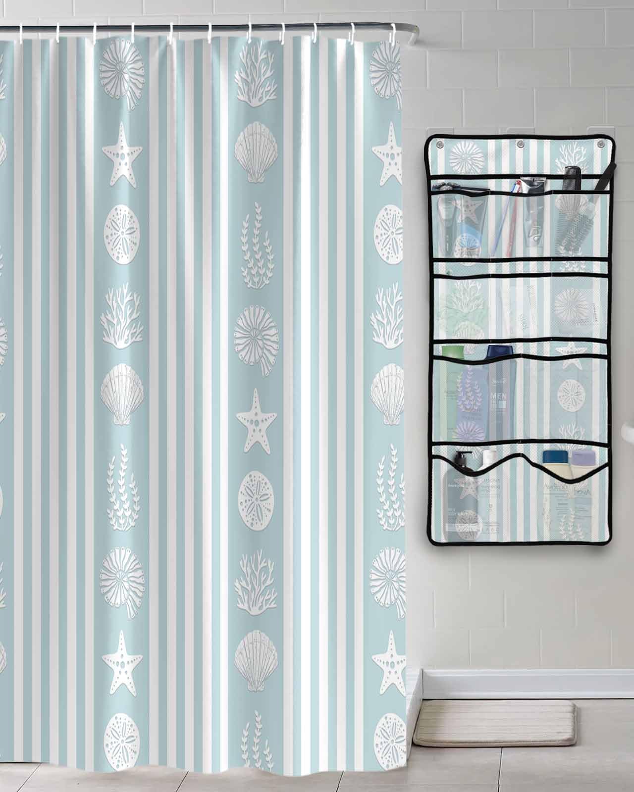 Decorative Shower Curtain Sets Ocean Blue Polyester Fabric Waterproof Shower Curtains Striped Coral Shells Starfish Light Blue Mesh
