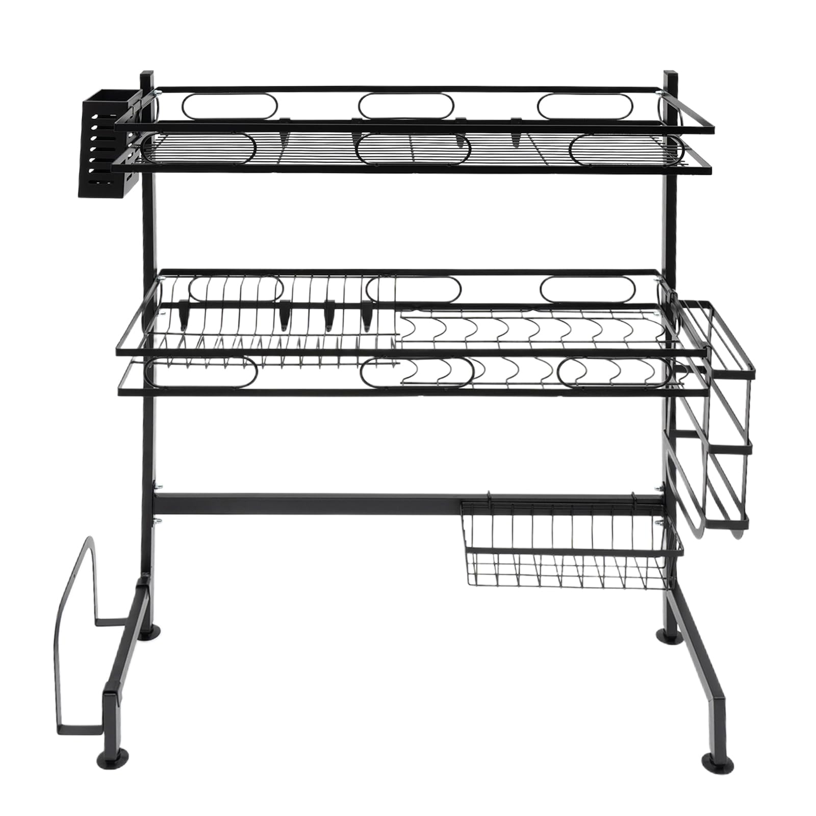 Geschirr Abtropfgestell Über Spüle Rostfreie Geschirr Abtropfgitter Abtropfschale Küchen Organizer mit Utensilienhalter Schneidebretthalter Messerblock Schwarz (62 cm)