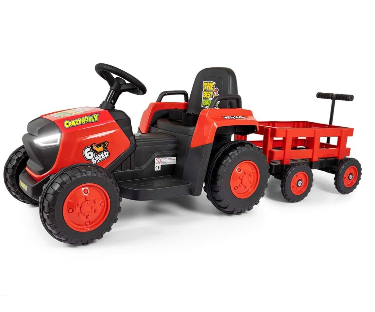 Trattore rosso con rimorchio