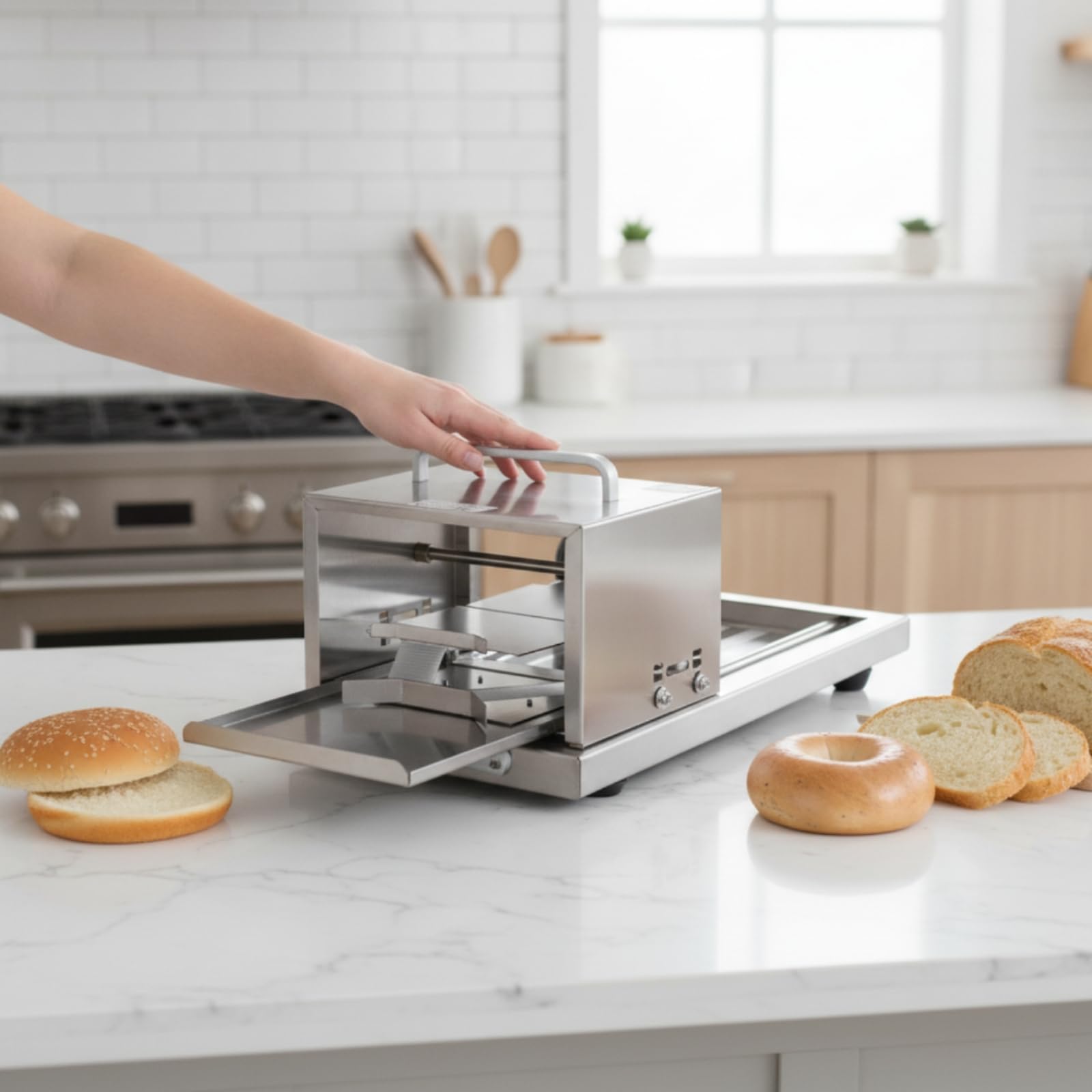 MagiDeal Rebanadora de Pan Manual a Tajadora Accesorio Estable con Bandeja Deslizante Grosor Regulable 1.7–3.2cm Acero Inoxidable con Asa para Bollos y Panes