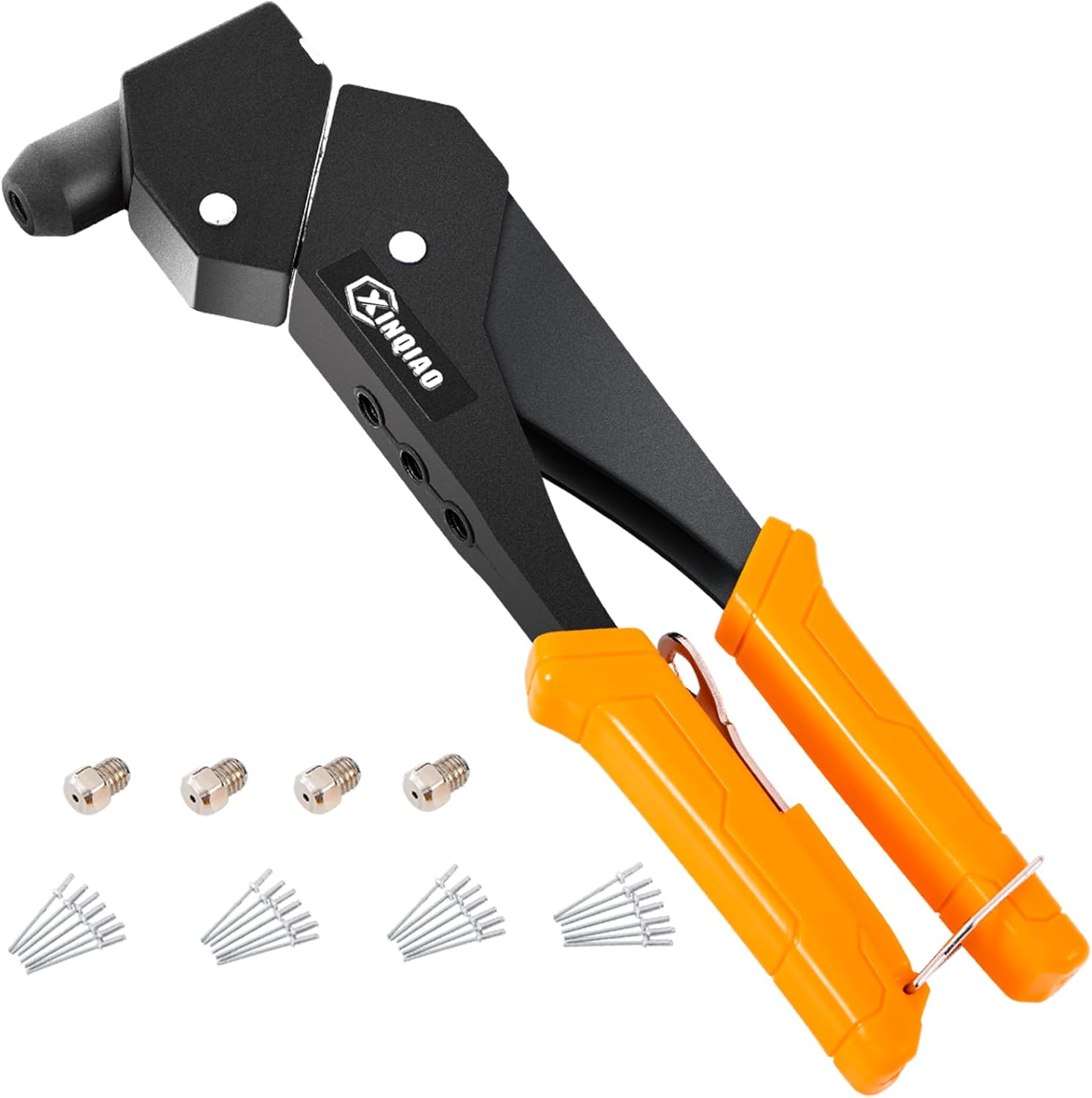 XINQIAO Rivet Gun Kit with 100 Pcs Rivets, 360° Swivel Head Hand Riveter Set for Metal with 4 Tool-Free Interchangeable Heads