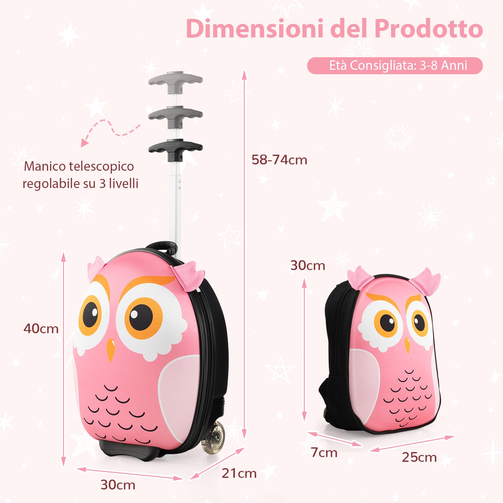 RELAX4LIFE Set 16''+12'' di Valigie per Bambini 2 in 1, 2 Pezzi, Trolly 16''+Zaino 12'', con Ruote Girevoli, Maniglia Retrattile, Zaino con Piedini in Plastica (Gufo)