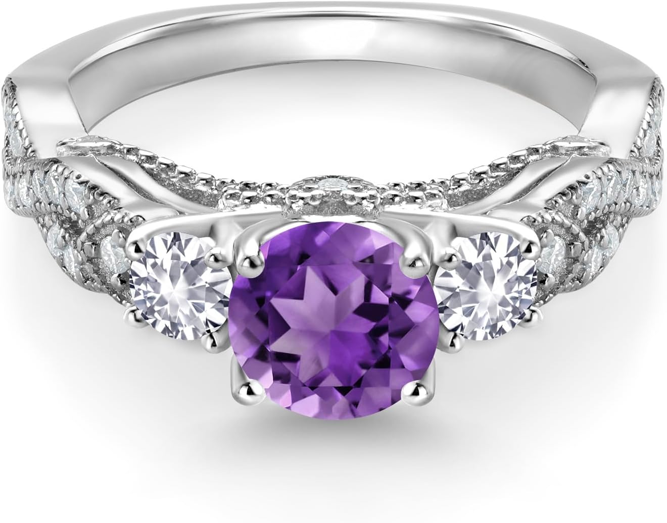Gem Stone King 1.53 Cttw Purple Amethyst White Created Sapphire and White Moissanite Engagement Ring For Women | 925 Sterling Silver | Gemstone February Birthstone | Round 6MM and 3MM