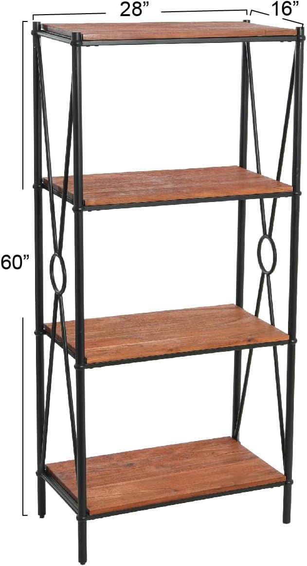 Creative Co-Op Saratoga Rustic Solid Wood and Metal 4 Shelf Open Storage Bookshelf, Warm Walnut Finish