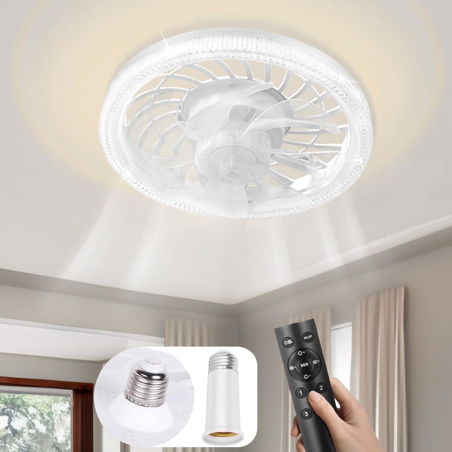 GYTBL Ceiling Fans with Lights and Remote - Socket Fan Light Dimmable Modern Small Ceiling Fan With Light Low Profile Ceiling Fans Lights for Bedroom, Living Room, Kitchen, Dining Room, Home