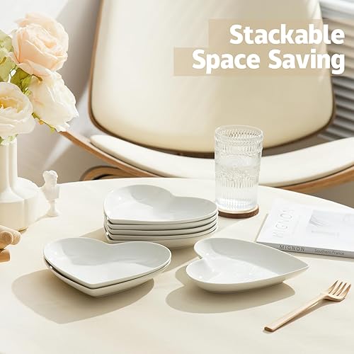 Miniatura 6 de WUHOSTAM Juego de 8 platos de postre de porcelana de 7.5 pulgadas, con forma de corazón, platos pequeños de cerámica para ensalada, aperitivo,