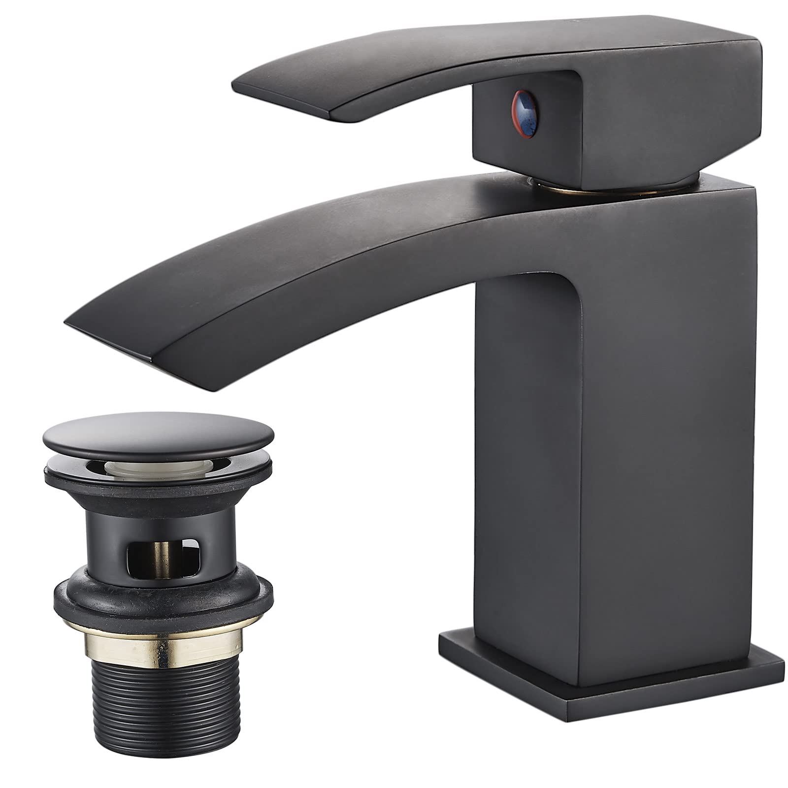 Luckyhome Basin Taps with Waste Mono Bathroom Waterfall Basin Taps Mixer Faucet（Black）