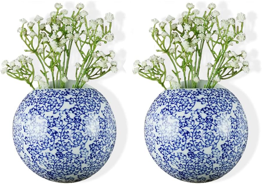 Blue & White Porcelain Wall Vase Pack of 2,Small Wall Mounted Hydroponic Vase Flower Holder Dried Flower Vase for Home Décor (F-4.9" x 4.9")