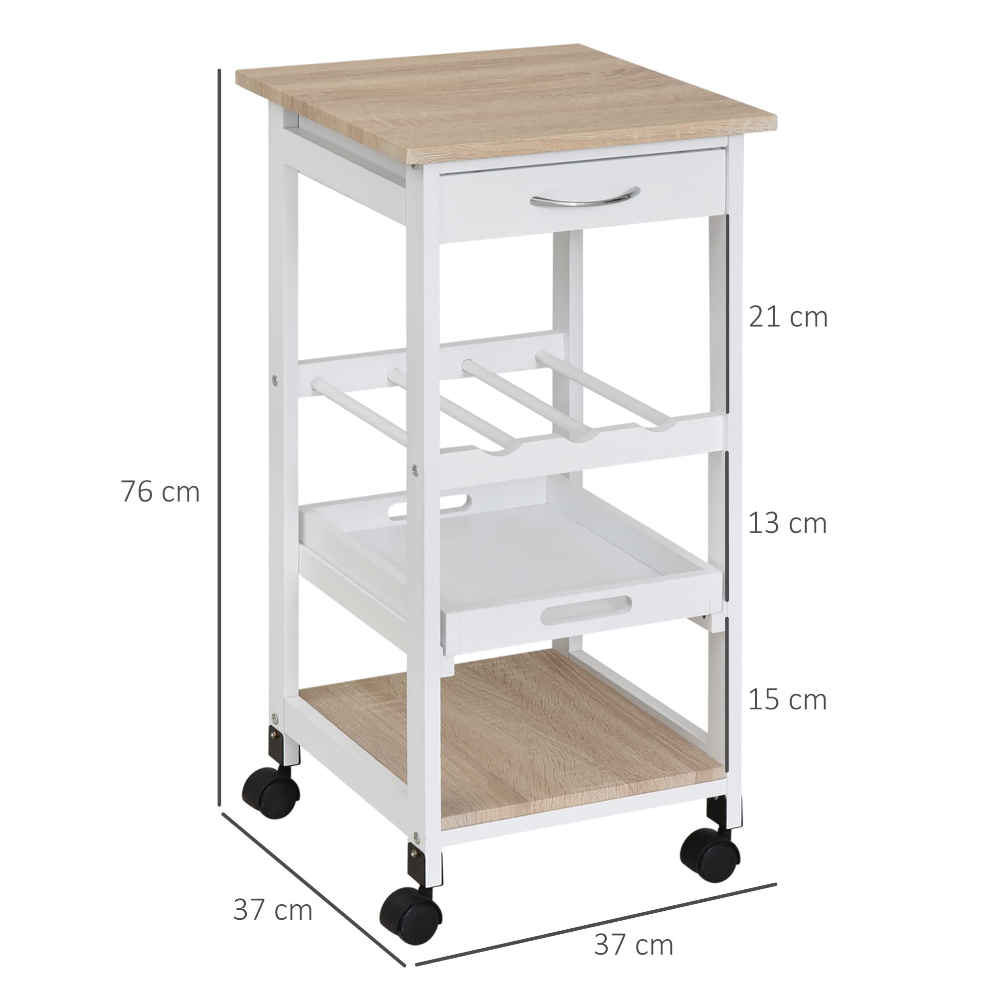 HOMCOM Chariot de Service à roulettes Tiroir Bois de Pin Blanc Chêne Clair | Desserte de Cuisine, Plateau Amovible, Tiroir, Bois de Pin MDF