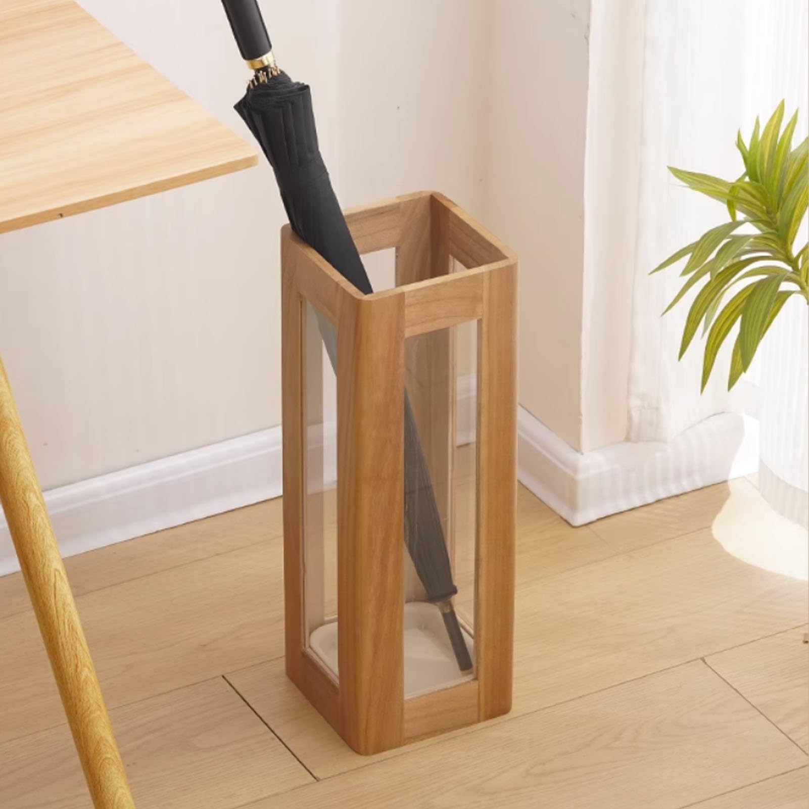 WQPMNYG Large Capacity Wooden Umbrella Holder with Drip Tray Semi-Transparent Indoor Umbrella Stand for Entryway Canes & Walking SticksStylish Natural Finish