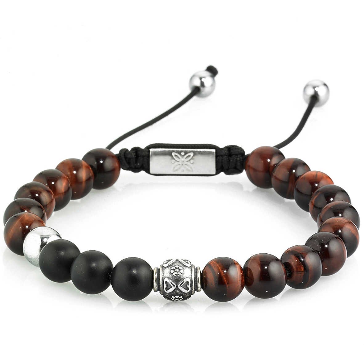 Pulsera Gerba con hilo macramé hecha a mano con piedras ojo de tigre rojo, ónix 8 mm, logotipo y componentes de plata 925.