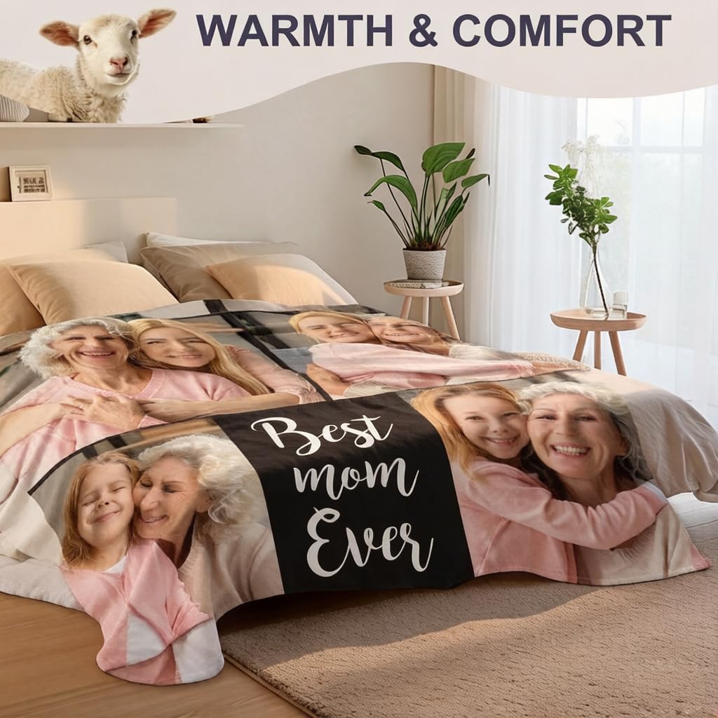 Gifts for Mom Blanket for Mother’s Day from Daughter Son Custom Blanket with Picture Text Flannel Throw Blankets Birthday Gifts for Mommy Women