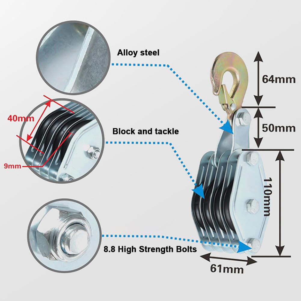 270 ° drehbare Seilrolle mit Haken aus Zinklegierung, Schwerlast-Polyethylen-Handkran, manuelles Hebegerät für Klimaanlagen-Installation, zuverlässiges Hebewerkzeug