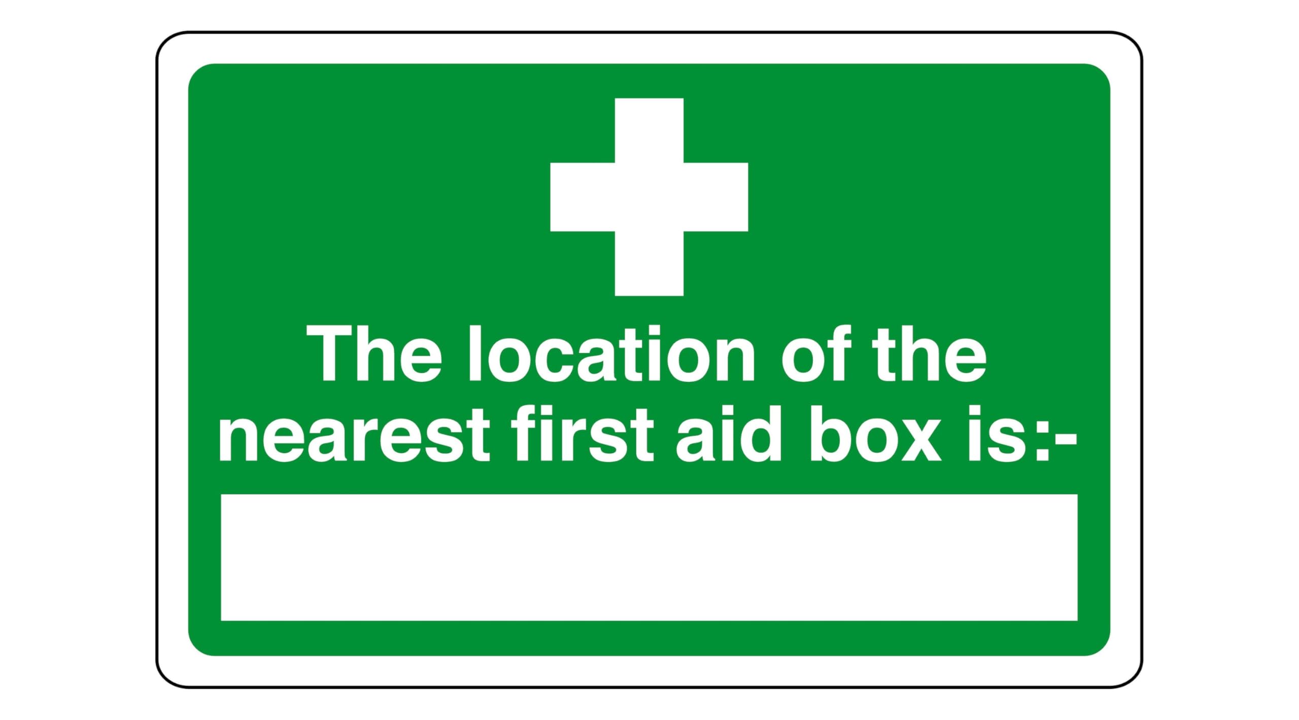 Safety First Display Ltd Green/White The Location Of The Nearest First Aid Box Is - Safety Sign - High Tack Self-Adhesive Sticker (300Mm X 200Mm) Viewing Distance Within 7M.