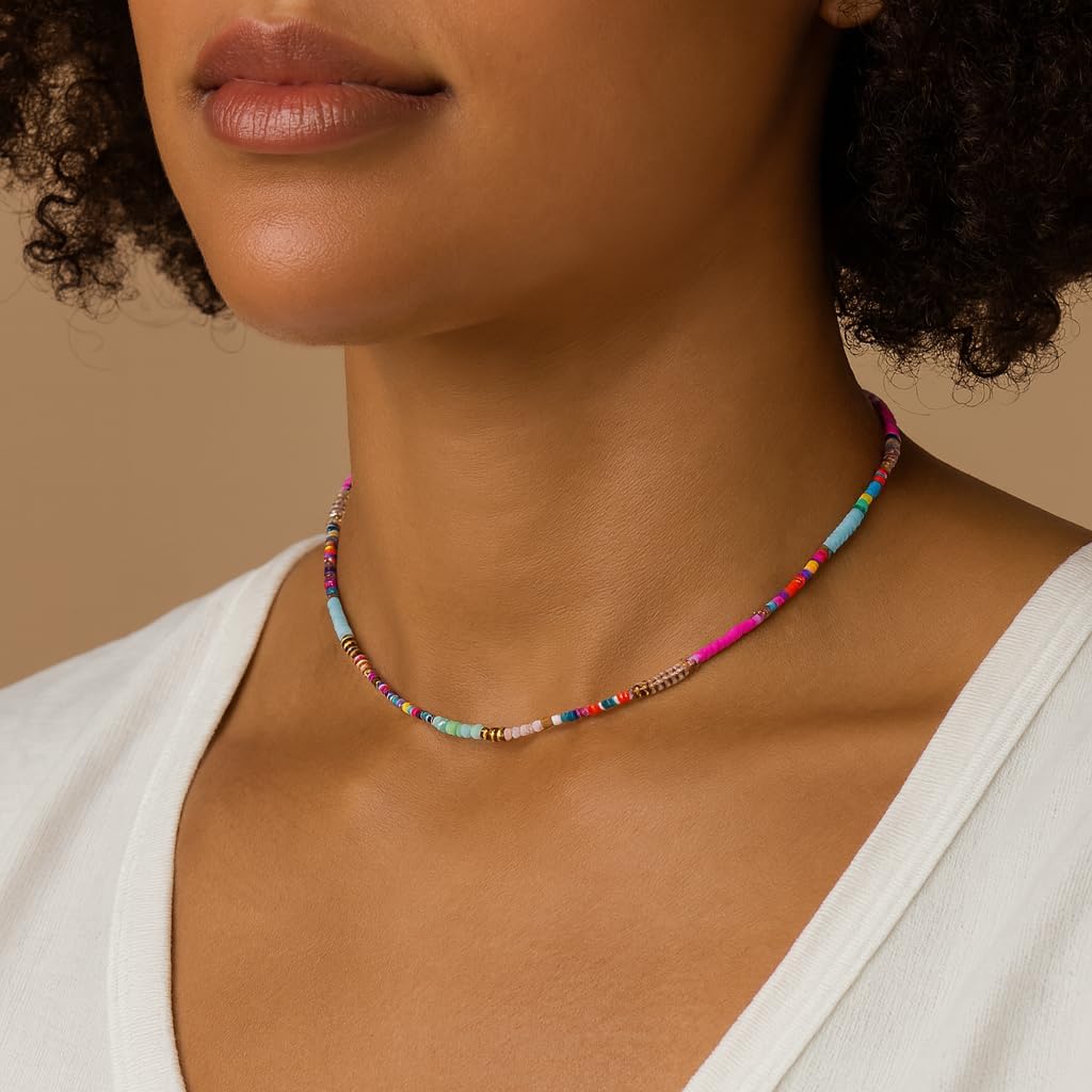 Beaded Necklace for Women, Handmade Colorful Gem and Pearl Design, Adjustable Boho Daisy Jewelry, Lightweight Fashion Accessory for Vacation, Party and Gift