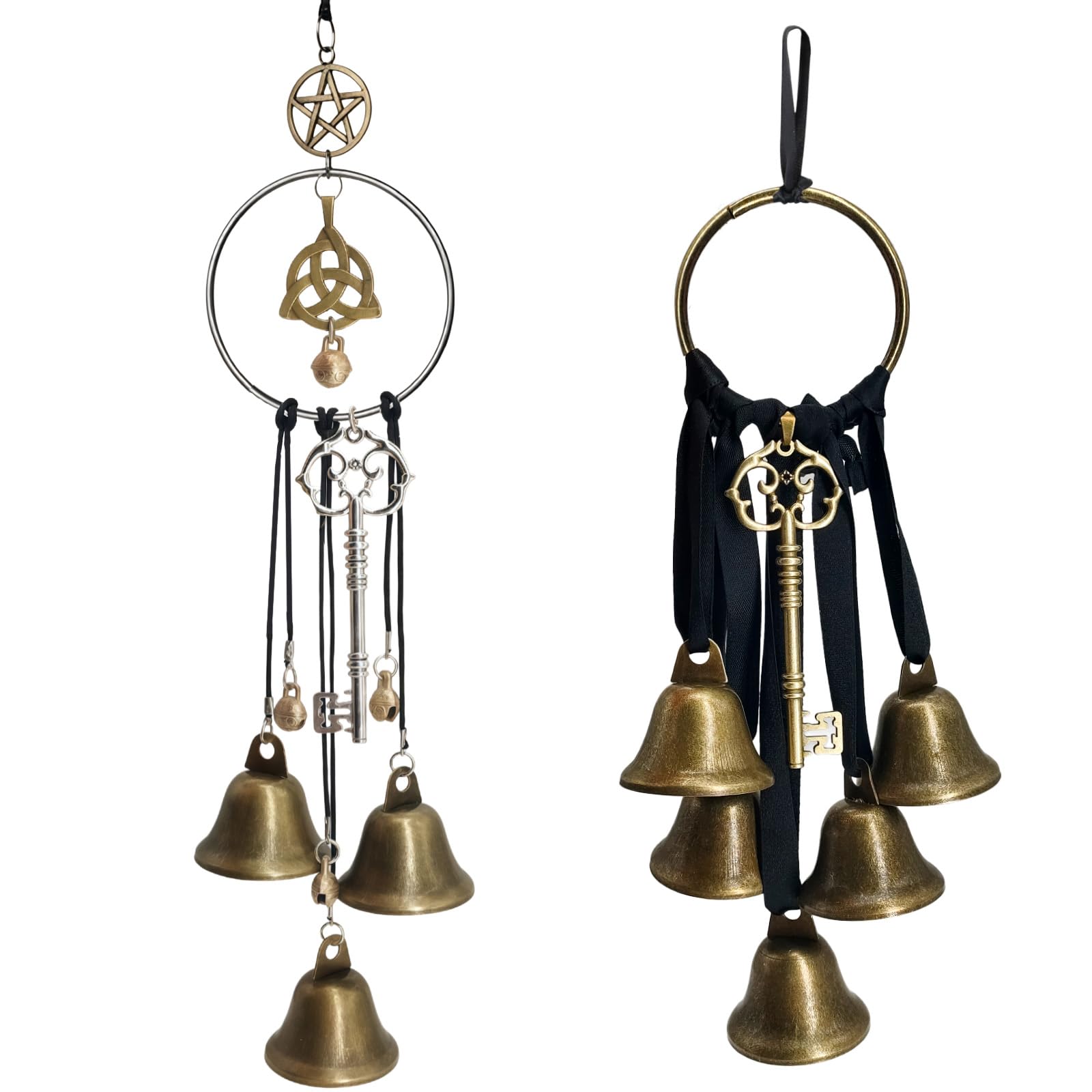 2 Pieces Witch Bells for Door Protection Witch Bells for Door Knob Hanging Brass Wind Chimes with Bell Mystical Witchcraft Door Bell Decor Hanging Pendant for Indoor Outdoor Home Window Patio