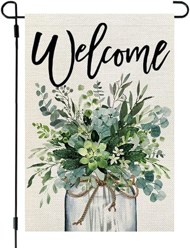 CROWNED BEAUTY Bandera de jardín con tarro de eucalipto de primavera, 12 x 18 pulgadas, doble cara para exterior, arpillera de bienvenida pequeña,
