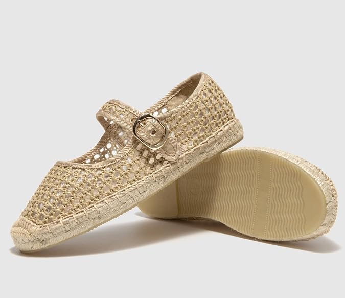 Women's Mesh Mary Jane Flat Espadrilles Woven Espadrille Outsole Canvas Fishnet Summer Ballet Flats Shoes