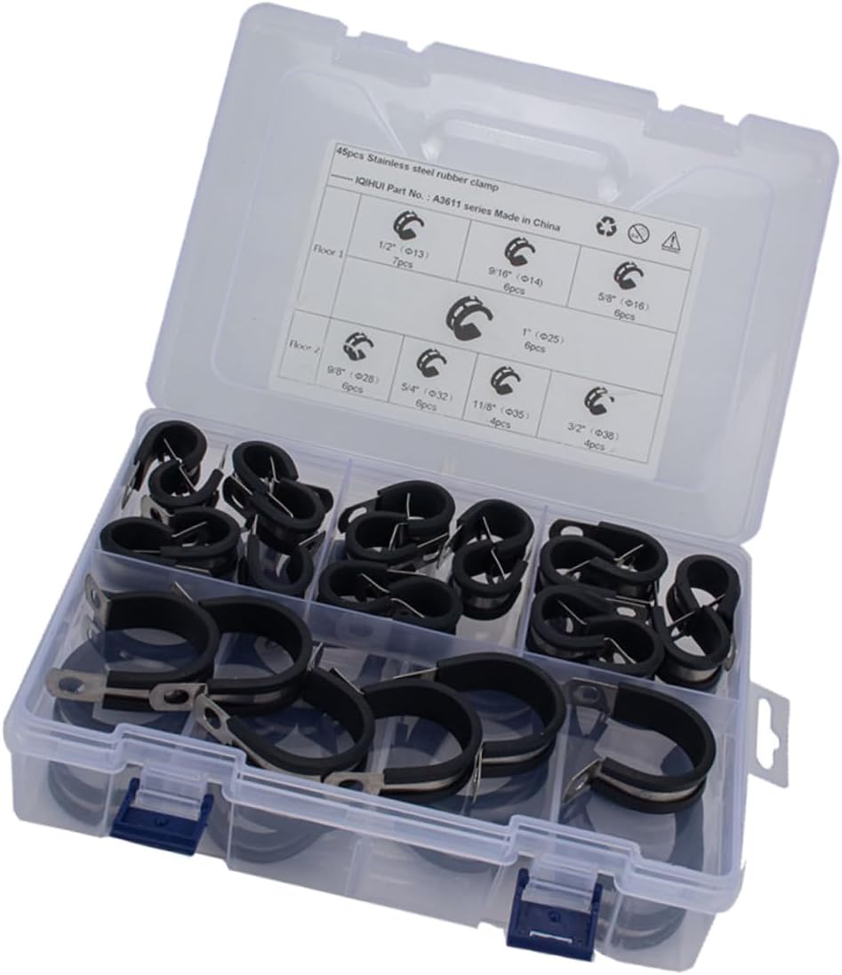 Angoily 45pcs Rubber Cable Clamp Stainless Steel Hose Clips with Premium Rubber Cushion R-shaped Hose Clamps for Automotive and Industrial Applications