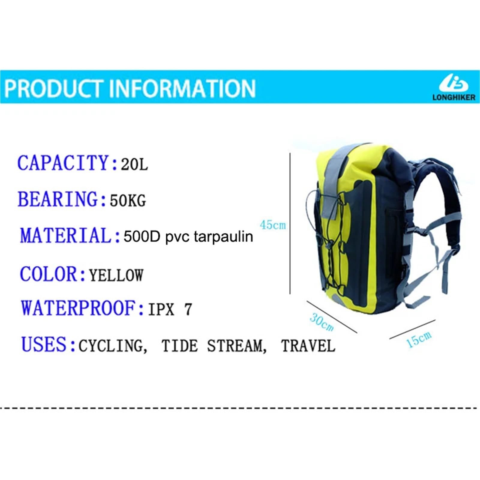 Wasserdichter Beutel Wasserdichter Dry Bag 20L Roll Top Rucksack for Kajakfahren Strand Schwimmen Rafting River Pack Seaside Tour Tauchen Wandern(Blue)