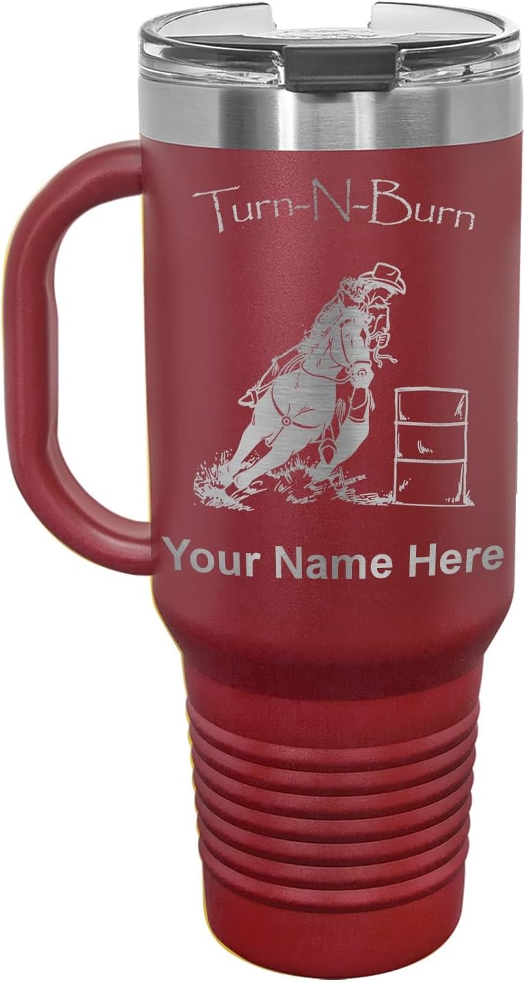 LaserGram 40oz Vacuum Insulated Travel Mug with Handle, Barrel Racer Turn N Burn, Personalized Engraving Included (Maroon)