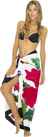 Back From Bali Womens Sarong Swimsuit Cover Up Floral Beach Wear Bikini Wrap Skirt with Coconut Clip Frangipani Hummingbird White