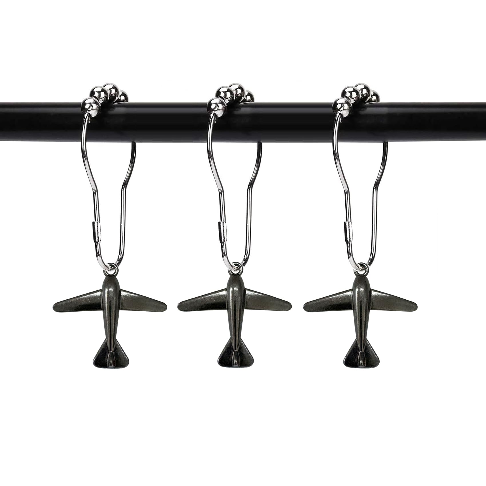 ZILucky12 Pcs Aircraft Shower Curtain Hooks, Stainless Steel Rustproof, Shower Curtain Rings, Minimalist Modern Decorative Design (Black-Aircraft)