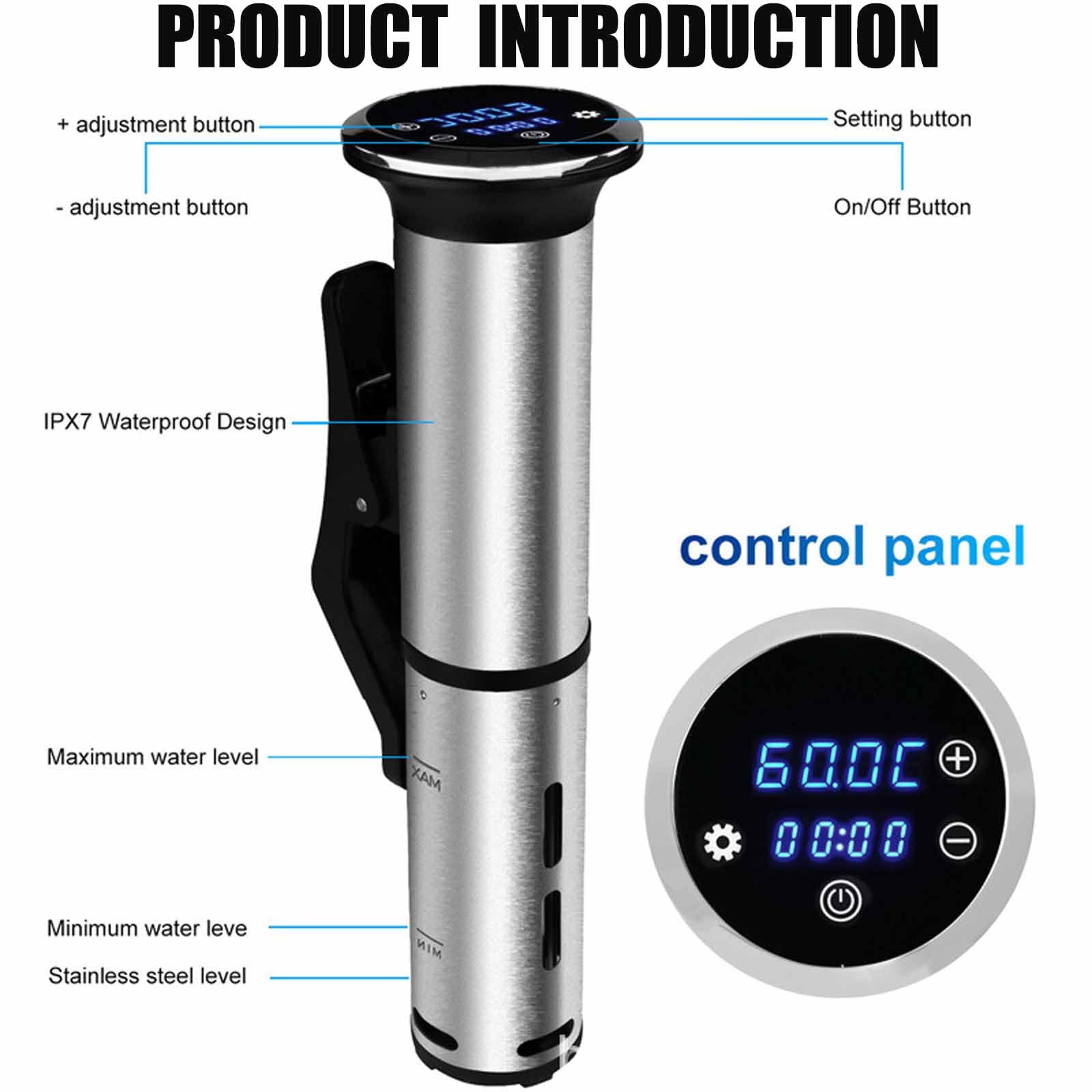Cyrkulator zanurzeniowy Sous Vide 1200 W z cyfrowym sterowaniem LED i timerem, wodoodporność IPX7, szybki cykl termiczny, przyjazny dla użytkownika i niski poziom hałasu, do precyzyjnego gotowania